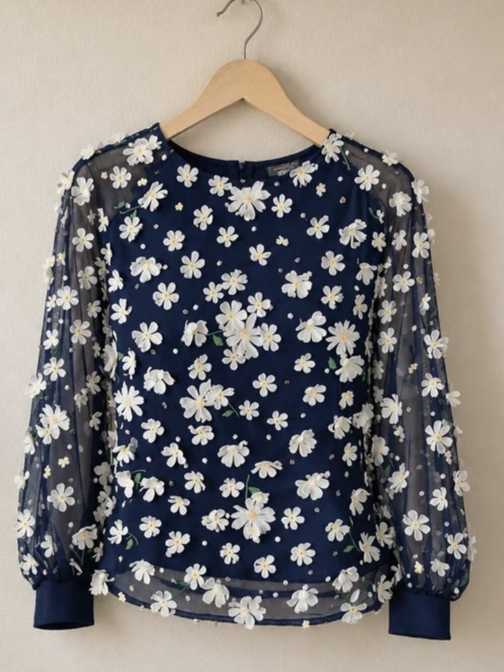 NWT Eva Franco Navy 3D Daisy Petal Appliqué Sheer Blouse XS